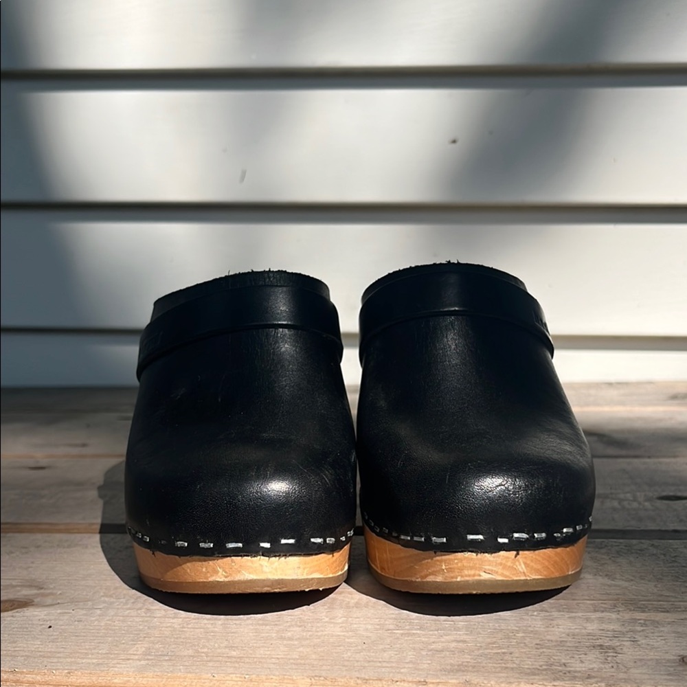 Classic Black Leather Clogs with Wooden Soles